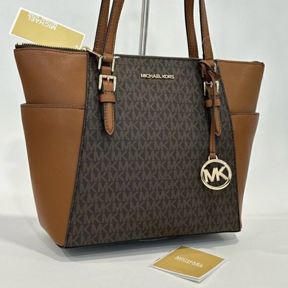 Michael Kors Charlotte Large Logo Top-Zip Tote Carryall Bag in Brown - Picture 1 of 14